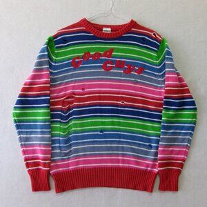 Chucky Good Guys Halloween Distressed Rainbow Striped Sweater Small Unisex
